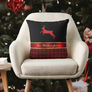 Elegant Buffalo Plaid and Red Ribbon with Reindeer Throw Pillow