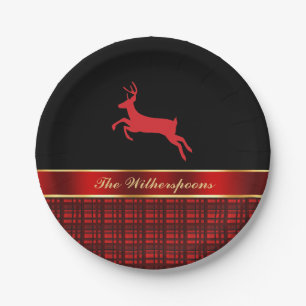 Elegant Buffalo Plaid with Reindeer and Red Ribbon Paper Plate