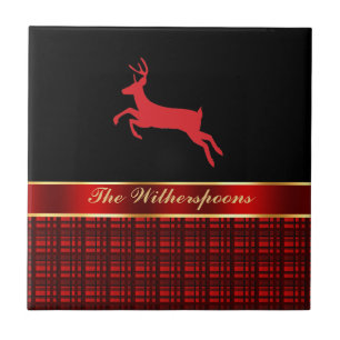 Elegant Buffalo Plaid with Reindeer and Red Ribbon Tile