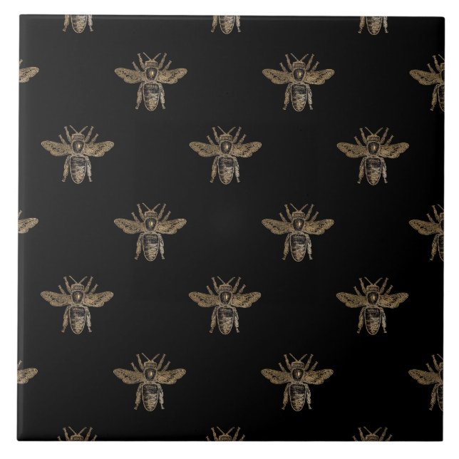 Elegant Bumble Gold Bee Black Background Tile (Front)