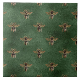 Elegant Bumble Gold Bee Green Background Tile