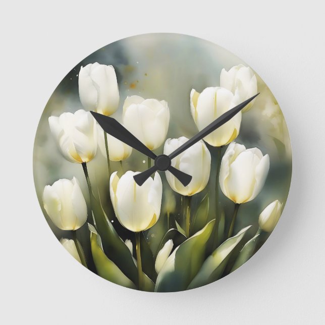 Elegant bunch of White Tulips  in a Serene Garden  Round Clock (Front)