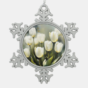 Elegant bunch of White Tulips  in a Serene Garden  Snowflake Pewter Christmas Ornament