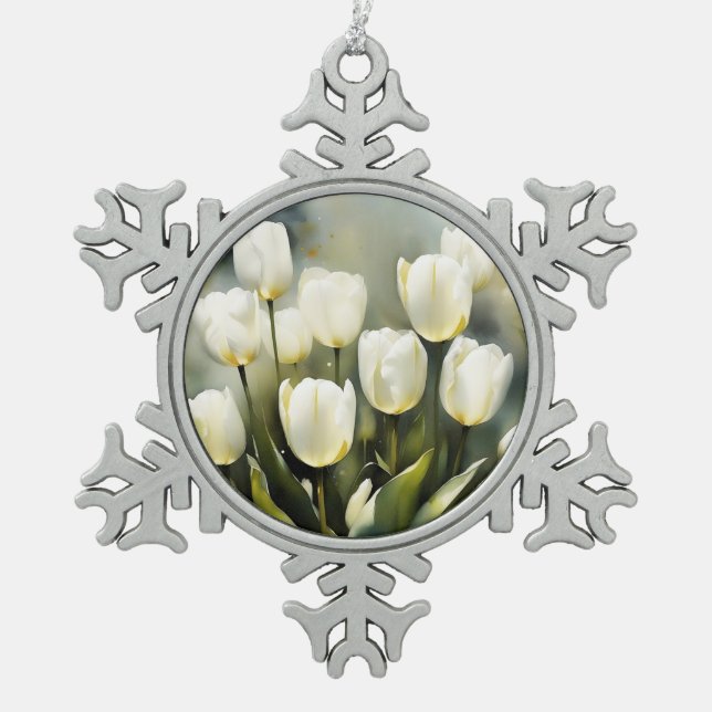 Elegant bunch of White Tulips  in a Serene Garden  Snowflake Pewter Christmas Ornament (Front)
