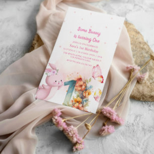 Elegant Bunny First 1st Birthday Baby Girl  Invitation