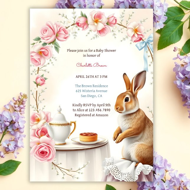 Elegant Bunny Floral Spring Tea Party Baby Shower Invitation (Personalized Tea Party Baby Shower Invitation Elegant Bunny & Floral Baby Shower Invite)