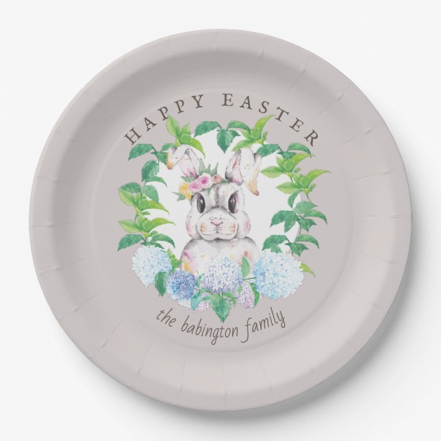 Elegant Bunny Floral Wreath Easter Personalized Paper Plate (Front)