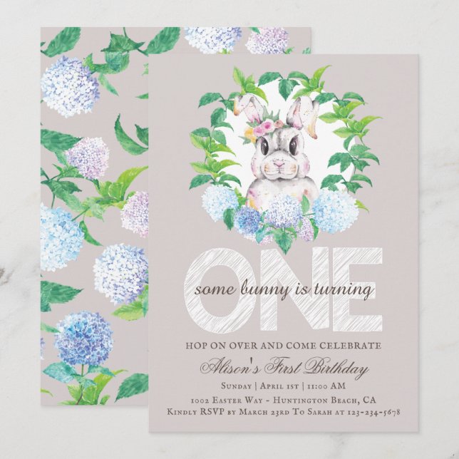 Elegant Bunny Floral Wreath First Birthday Invitation (Front/Back)