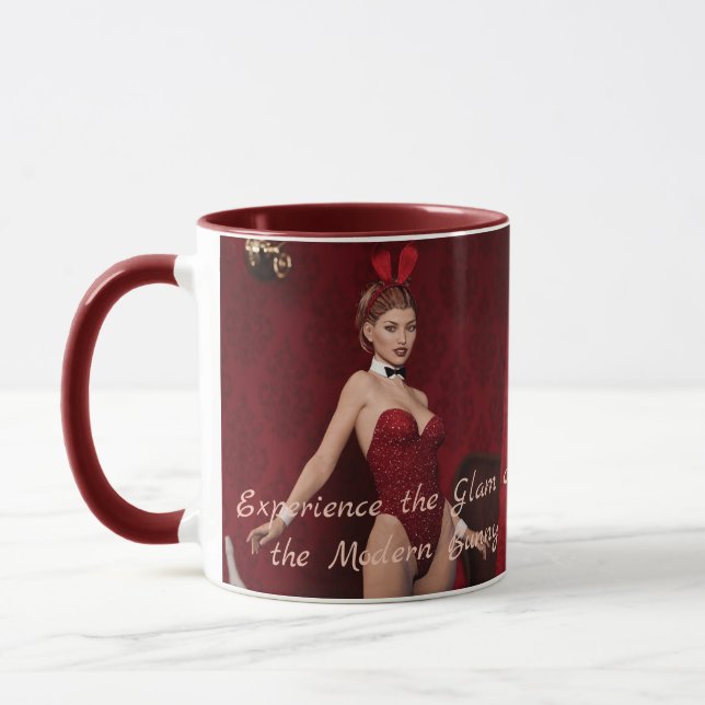 Elegant Bunny Girl on Red Velvet Curtain Mug (Left)