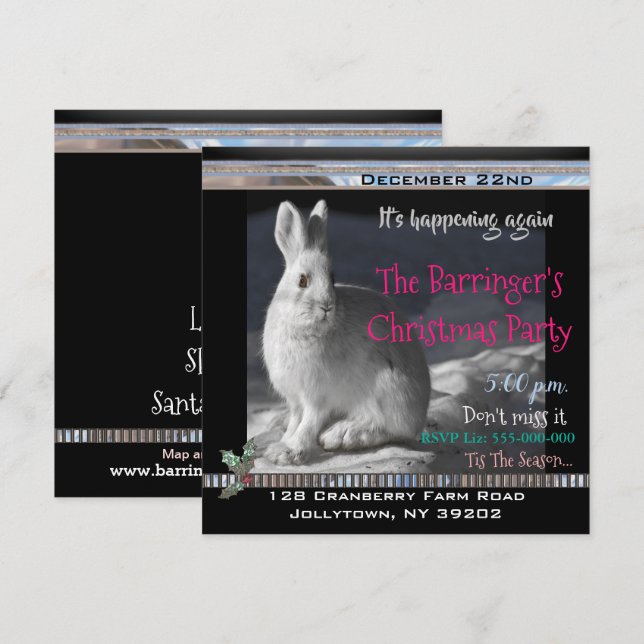 Elegant Bunny Snowy Night Christmas Party Invitation (Front/Back)
