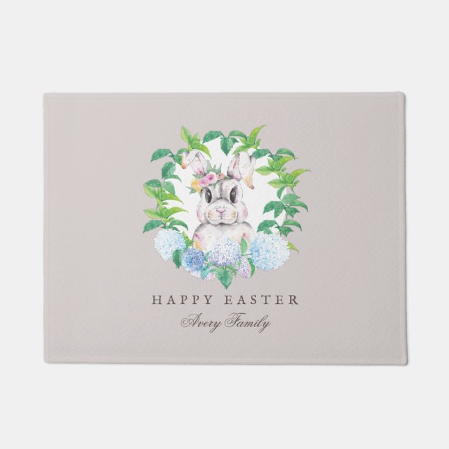 Elegant Bunny Wreath Easter Personalized Doormat (Front)