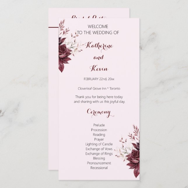 Elegant  Burgandy Blush Floral Wedding Program (Front/Back)
