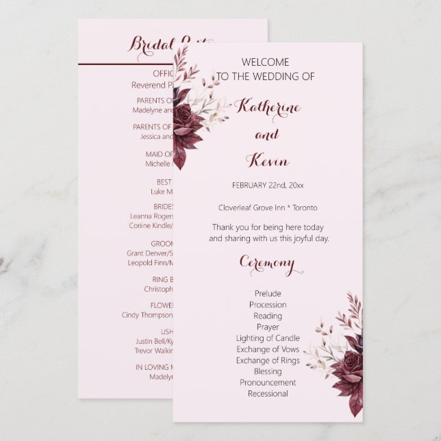 Élégant Burgandy Blush Floral Wedding Programme (Devant / Derrière)
