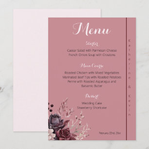 Elegant Burgandy Dusty Rose Floral Wedding  Menu 