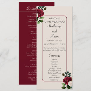 Elegant Burgandy Ivory  Cream Floral Wedding Program
