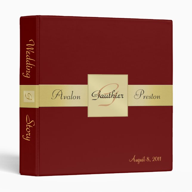Elegant Burgandy Red Monogram Gold Ribbon Binder (Front/Spine)