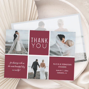 Elegant burgundy 3 photo collage wedding thank you card