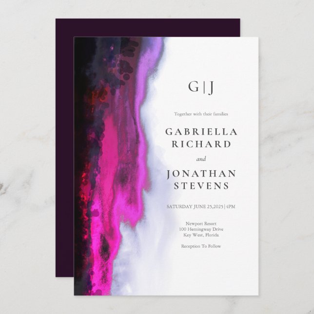 Elegant Burgundy Abstract Monogram Wedding Invitation (Front/Back)