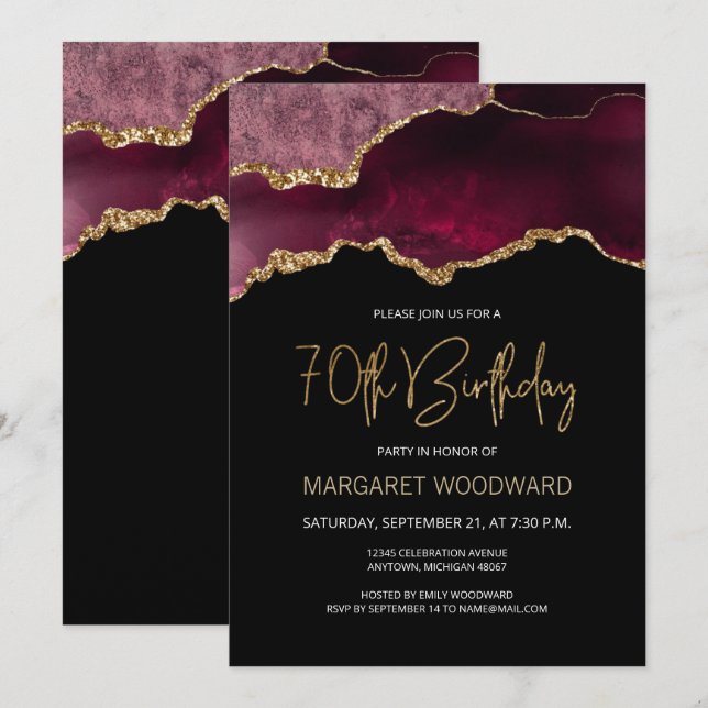 Elegant Burgundy Agate 70th Birthday Party Invitation (Front/Back)
