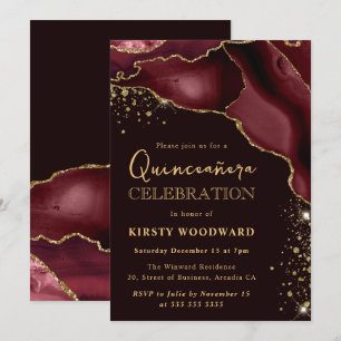 Elegant Burgundy Agate & Gold Quinceañera Invitation