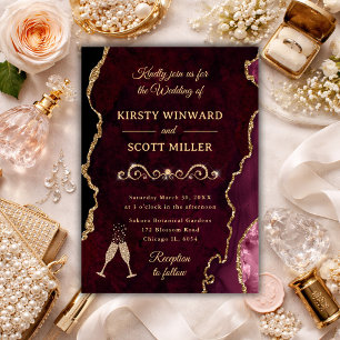 Elegant Burgundy Agate & Gold Wedding Invitation