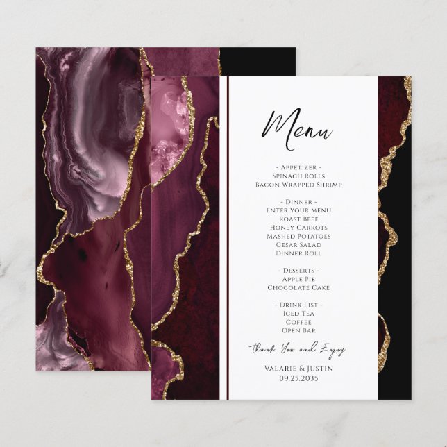 Elegant Burgundy Agate Menu Événement (Devant / Derrière)