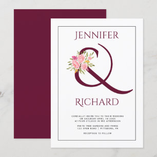Elegant burgundy ampersand and pink roses wedding invitation