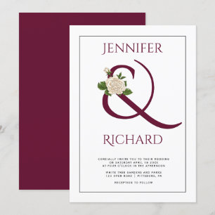 Elegant burgundy ampersand and white rose wedding invitation