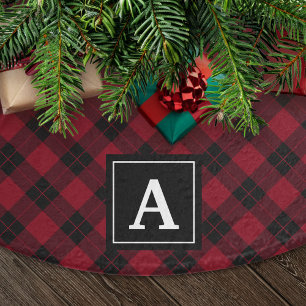 Elegant Burgundy and Black Plaid Monogram Brushed Polyester Tree Skirt