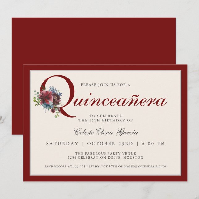 Elegant Burgundy and Blue Floral Quinceanera Party Invitation (Front/Back)