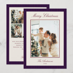 Elegant Burgundy and Blue Stripes Christmas Photo Holiday Card