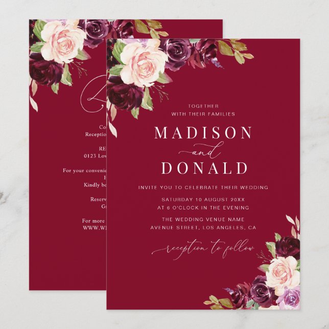 elegant burgundy and blush floral wedding invitation (Front/Back)