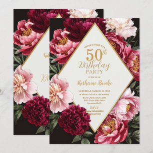 Elegant Burgundy and Blush Peony Floral Birthday Invitation