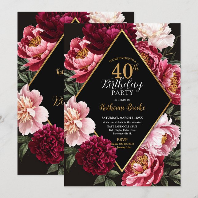 Elegant Burgundy and Blush Peony Floral Birthday Invitation (Front/Back)
