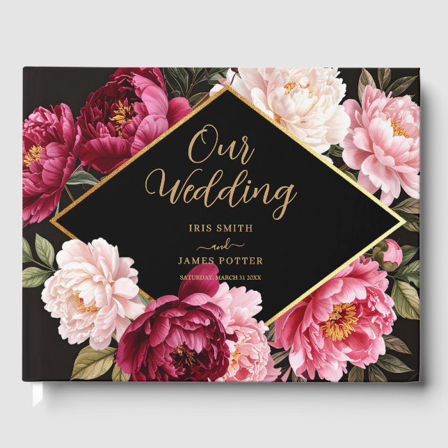 Elegant Burgundy and Blush Peony Floral Wedding Guest Book (Front)