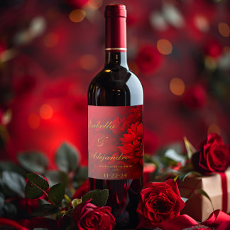 Elegant Burgundy and Crimson Red Floral Wedding Wine Label