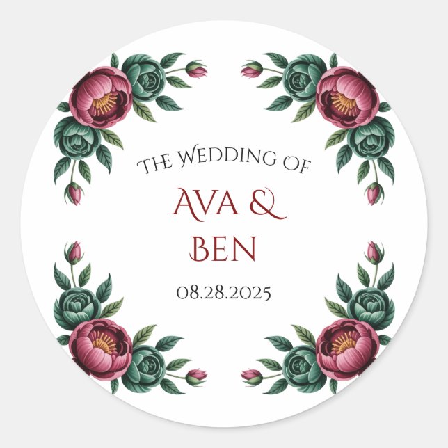 Elegant Burgundy and Emerald Peony Wedding Classic Round Sticker (Front)