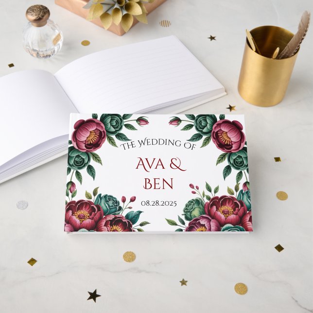 Elegant Burgundy and Emerald Peony Wedding Guest Book (Front Open)
