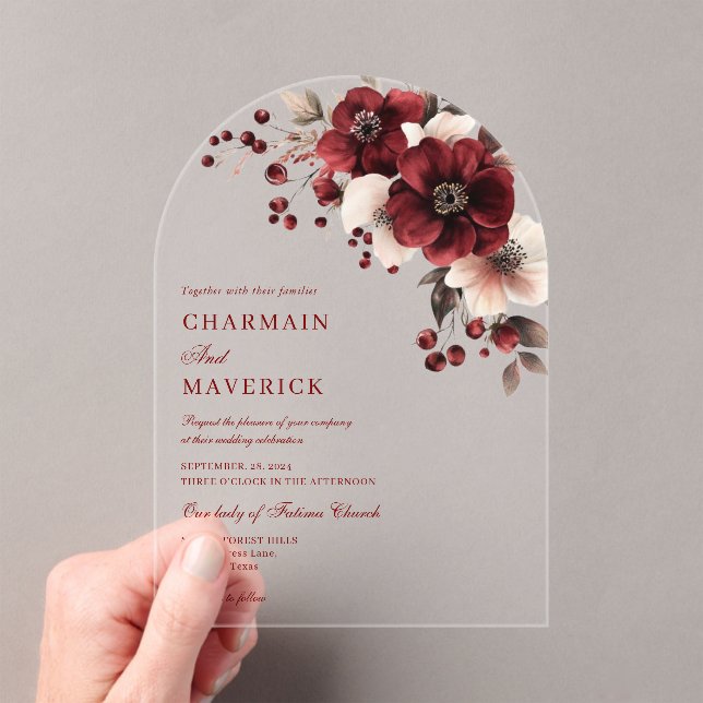 Elegant burgundy and floral Arch Wedding Acrylic Invitations (Insitu (Handheld))