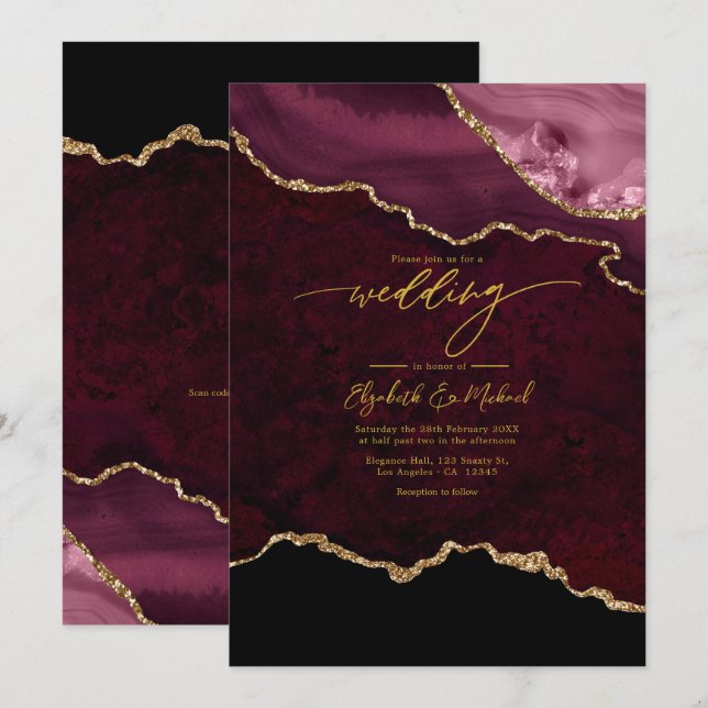 Elegant Burgundy and Gold Agate Wedding QR Code Invitation (Front/Back)