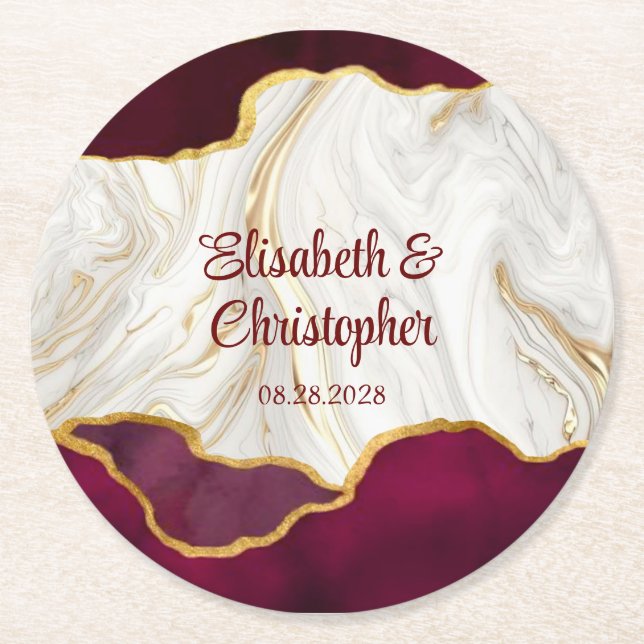 Elegant Burgundy and Gold Agate Wedding Round Paper Coaster (Front)