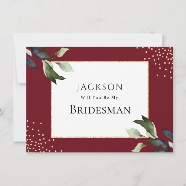 Elegant Burgundy and Gold Bridesman Proposal Card (Front)