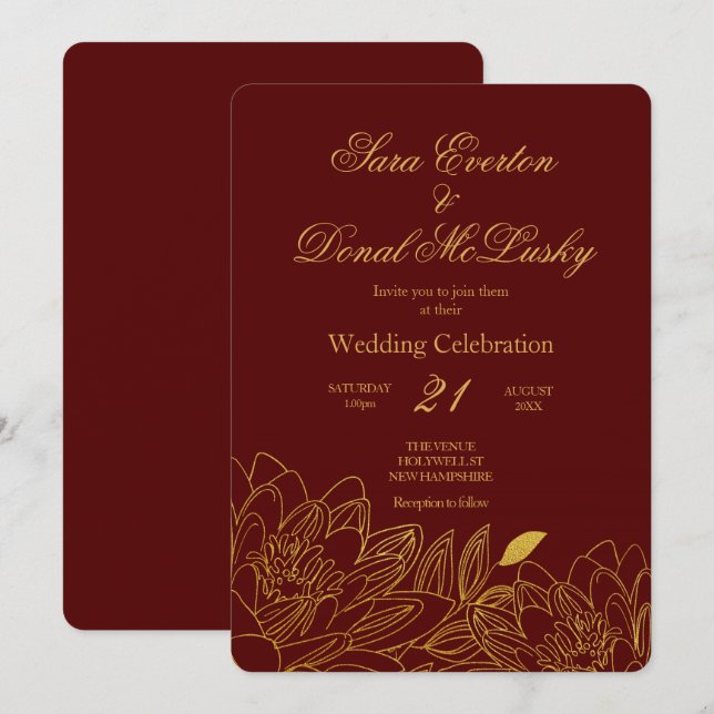 Elegant Burgundy and Gold Floral Autumn Wedding Invitation (Front/Back)