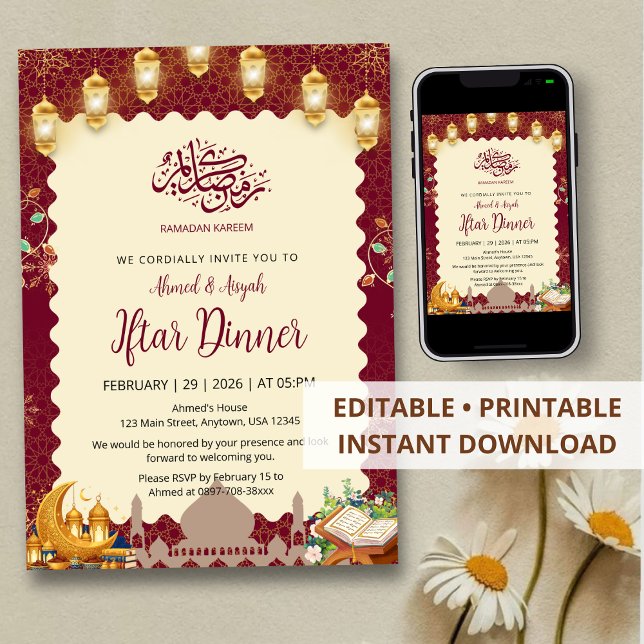 Elegant Burgundy and Gold Iftar Invitation Lantern (Creator Uploaded)