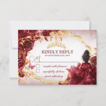 Elegant Burgundy and Gold Roses Quinceañera RSVP
