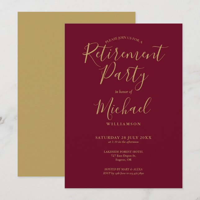 Elegant Burgundy And Gold Script Retirement Party Invitation (Front/Back)