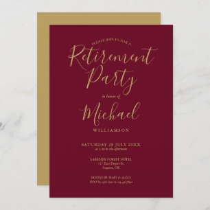 Elegant Burgundy And Gold Script Retirement Party Invitation