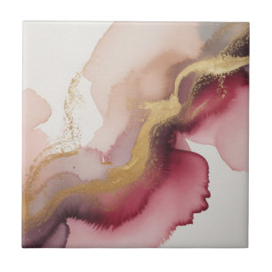 Elegant Burgundy and Gold Watercolor Art Tile