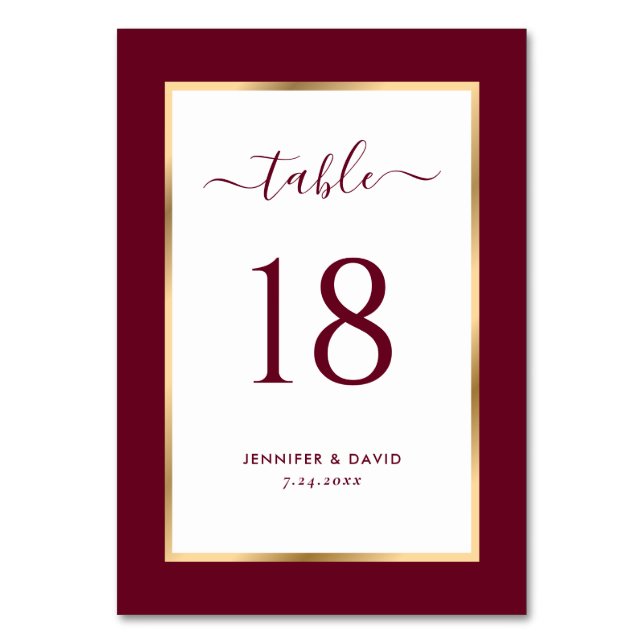 Elegant Burgundy and Gold Wedding Table Number (Front)