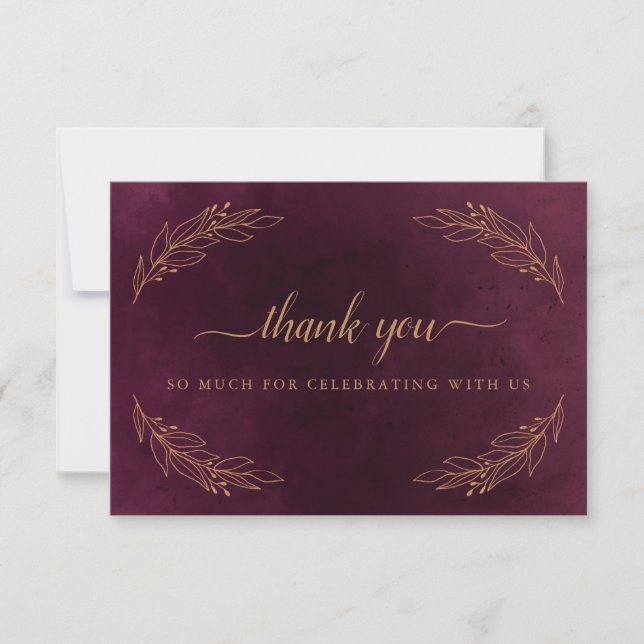 Elegant Burgundy and Gold Wedding Thank You Card (Front)